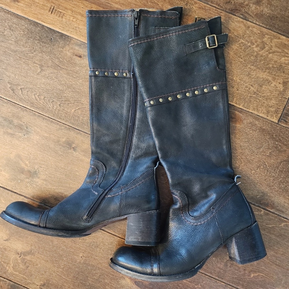 Vero Cuoio Black Leather Studded Boots. Moto Boho grunge indiesleaze Festival